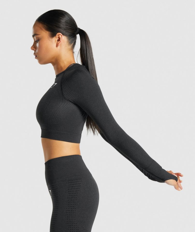 Women's Gymshark Vital Seamless 2.0 Long Sleeve Cropped Tops Black | NZ 3QJWDX